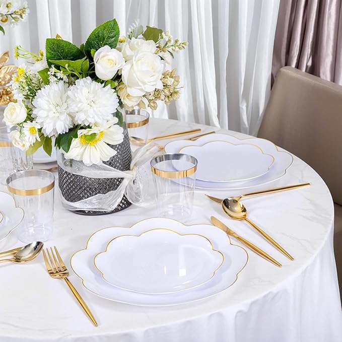 EI 180pcs White Plastic Plates with Gold Plastic Silverware,Heavy-Duty Disposable Plates for Party,White Dinnerware Set for 30 Guest Wedding,Birthday,Spring Afternoon Tea
