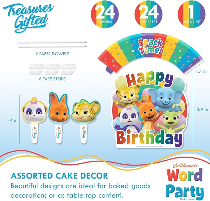 Treasures Gifted Officially Licensed Jim Henson’s Word Party Birthday Supplies - Serves 16 Guests - Ultimate Set Birthday Decorations - Word Party Decorations - Banner, Plates & More