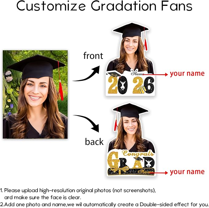 Personalized Graduation Face Fan 2026 Grade Custom Double Sided Face Cutout Fan with Handle Photo Booth Prop Party Supplies(B-Black and Gold,12pcs)