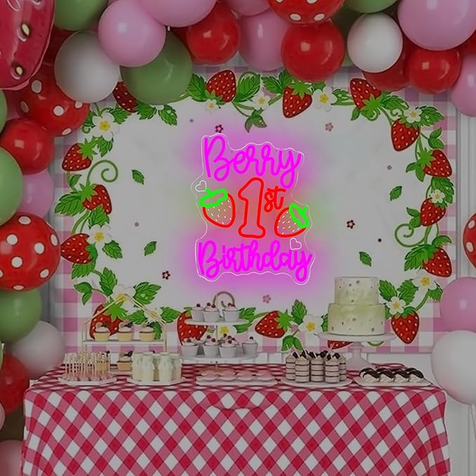 Berry First Birthday Neon Sign Strawberry 1st Birthday Neon Lights Dimmable Strawberry Theme Led Sign Backdrop Berry Sweet One Birth Party Decorations