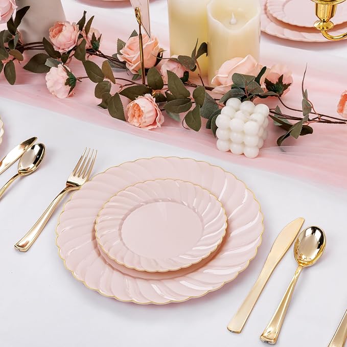 YOUBET 125Pcs Pink Plastic Plates with Gold Rim - Scalloped Plastic Plates Set Includes 25 Dinner, 25 Dessert Plate, 75 Gold Silverware for 25Geusts for Wedding Birthday Parties Baby Shower Valentines