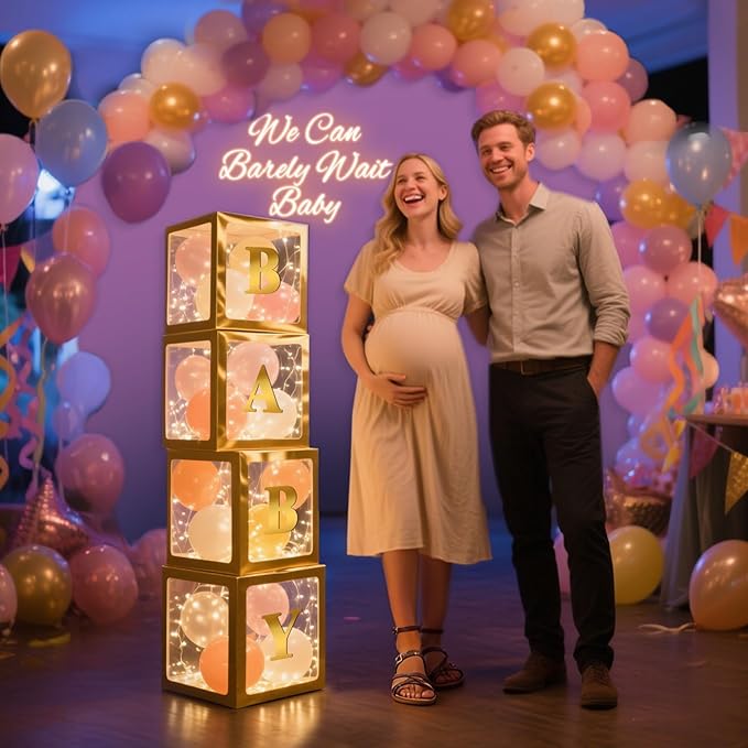 Ledido Transparent Balloon Boxes, Clear Balloon Boxes with 6 Pcs String Lights and 78 Letters for Baby Shower Gender Reveal 2026 New Year Grad Party Birthday Anniversary Bridal Decor - 6 Gold Boxes