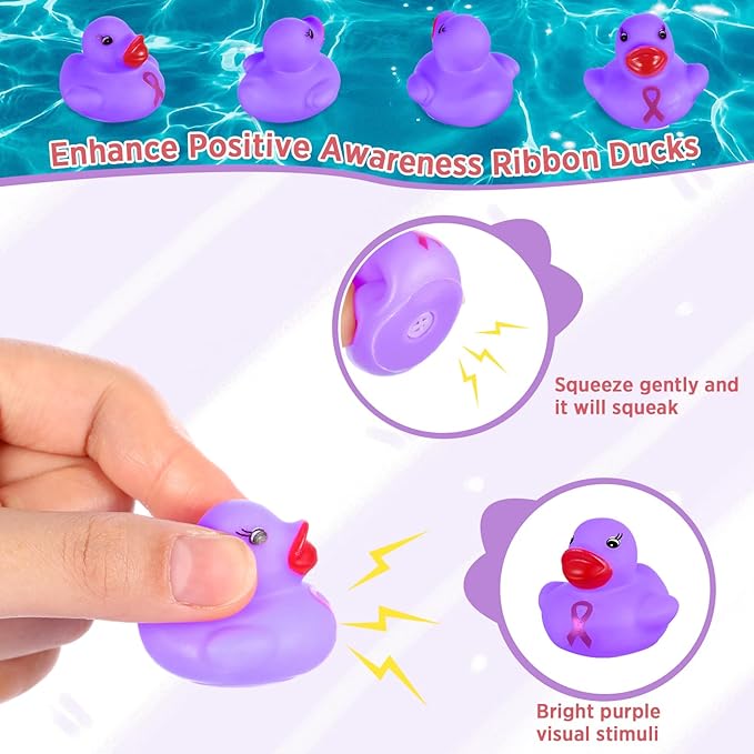 200 Pcs Purple Rubber Ducks Domestic Violence Awareness Ribbon Bath Duck Float Mini Bath Toys Bulk Pancreatic Cancer Alzheimers Awareness Products for Charity Event Supplies
