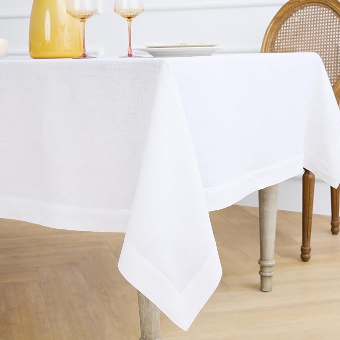Solino Home White Linen Tablecloth 60 x 60 Inch - 100% Pure Linen Table Cloth - Fete, Machine Washable Tablecloth for Winter, Valentines, Spring, Easter