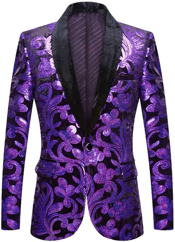 Men Fashion Velvet Sequins Floral Pattern Suit Jacket Blazer