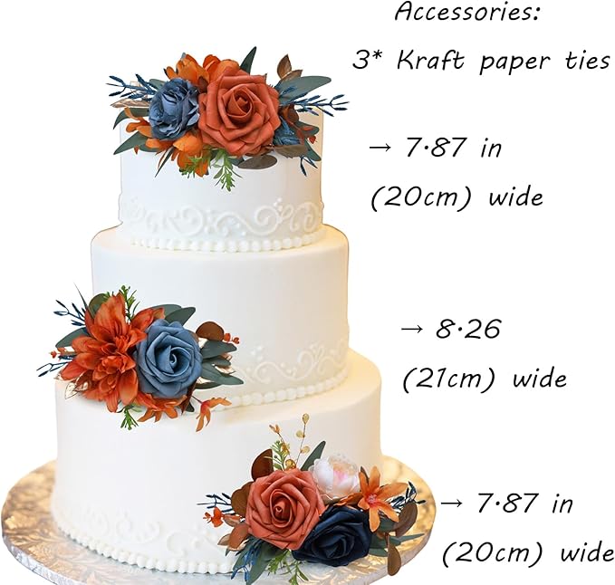 CherishedMoments 3Pcs Cake Topper Set, Wedding Artificial Flowers Decor Burnt Orange-Blue, Perfect for Wedding Ceremony, Anniversary, Parties & Photography