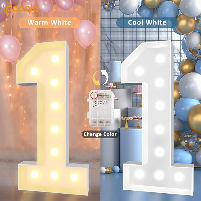 Pooqla 4 FT Light Up Marquee Numbers, Cool White and Warm White LED Large Lighted Marquee Numbers, Giant Mosaic Light Up Numbers for Balloons 3rd 13th 30th Birthday Party Decoration, LED Number 3