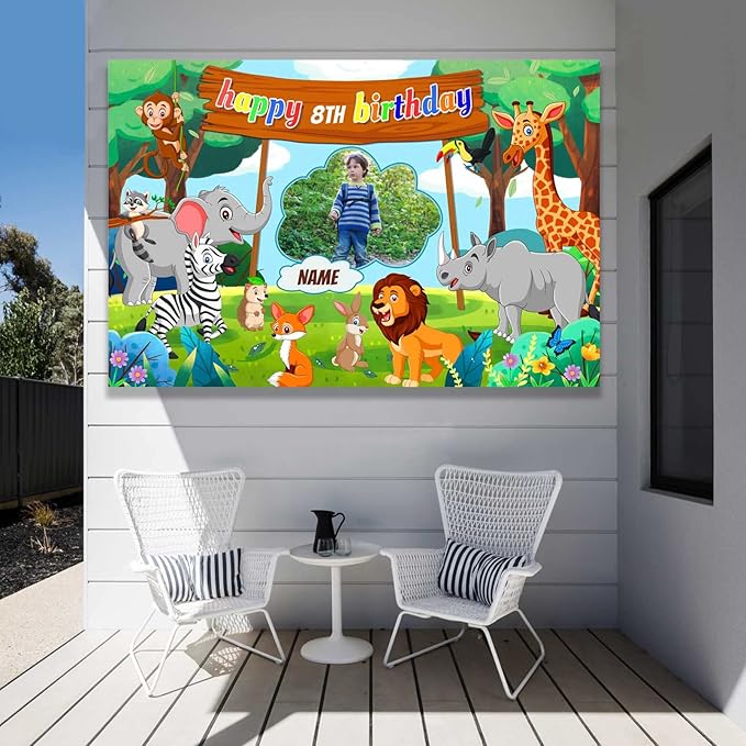 Custom Jungle Safari Happy Birthday Party Decorations Supplies Personalized Jungle Safari Animal Birthday Backdrop Banner(5x7.5ft)