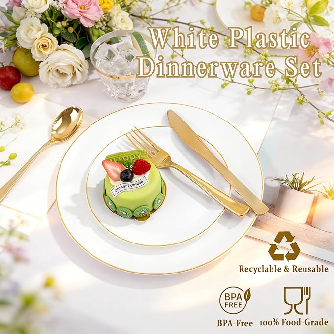 Festiva 176Pcs White and Gold Plastic Plates - White with Gold Rim Fall Dinnerware Set - 25Guest include Plates Cups Cutlery Napkins for Birthday Party&Wedding& Easter