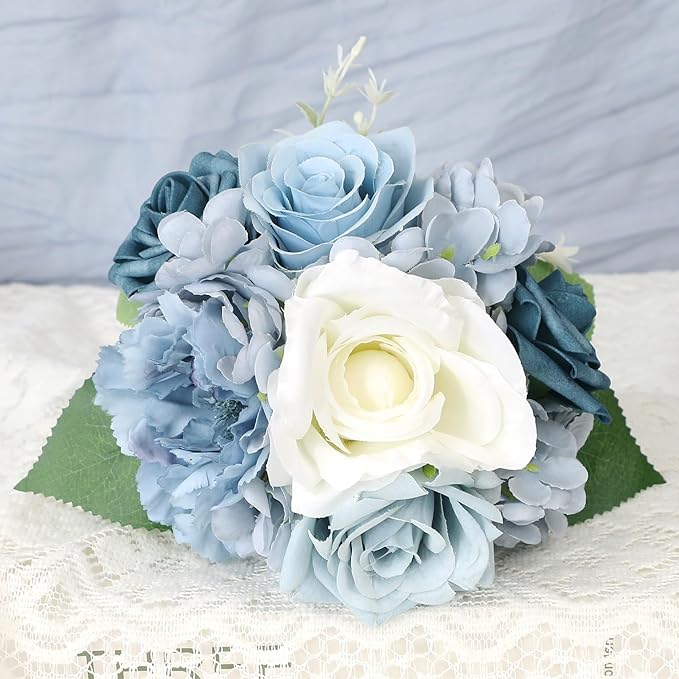 Artificial Bridesmaid Bouquets Set of 6-7 Inch Silk Bouquets for Bridesmaids, Pre-Made Small Wedding Bouquet Fake Flowers for Bridal Shower, Table Centerpieces, PartyDecor - Dusty Blue