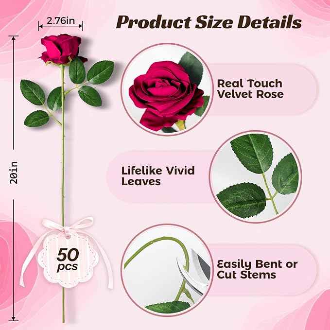 50 Pcs Fake Burgundy Red Roses Artificial Flowers Bulk, Faux Velvet Silk Rose Bouquet with Long Stems Real Look for Wedding Party Centerpieces Vases Decor