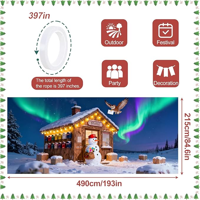 Christmas Garage Door Banner 7x16FT Snowman Post Office & Aurora Scene, Winter Garage Cover for Outdoor Holiday Decorations