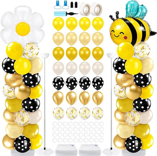 Kasyat 2 Sets Bee Theme Party Balloon Column Stand Kit with Bee Daisy Foil and 100 Latex Balloons, Adjustable Honeybee Balloon Stand Kit for Baby Shower Birthday Party Supplies