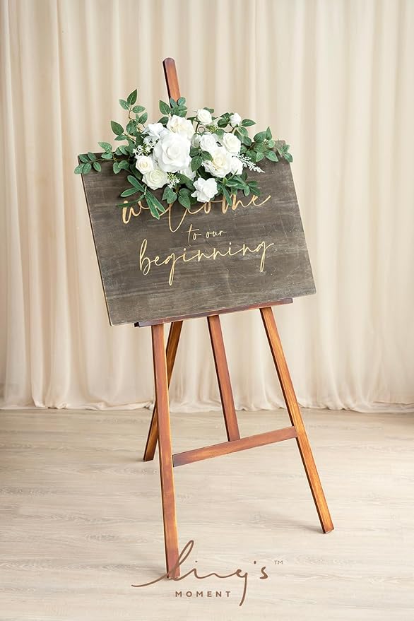 Ling's moment 2pcs White Wedding Artificial Floral Swag Welcome Sign Flowers Backdrop Garland Green for Ceremony Reception Door Wall Easel Home Decoration Entryway Faux Outdoor Board Table Decor