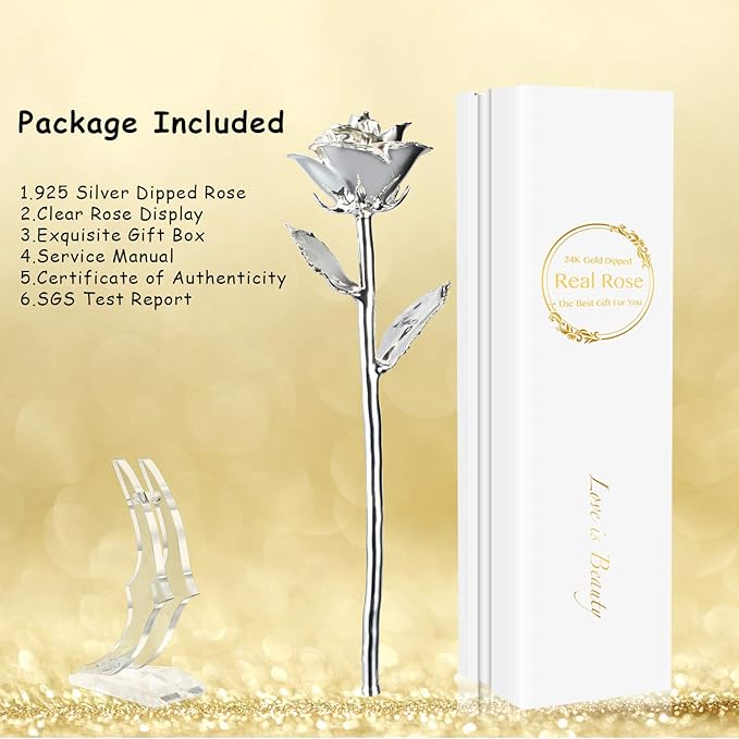 Silver Rose, Silver Dipped Rose Made from Real Rose Best Gifts for her and 25th for Wife, Silver with Stand