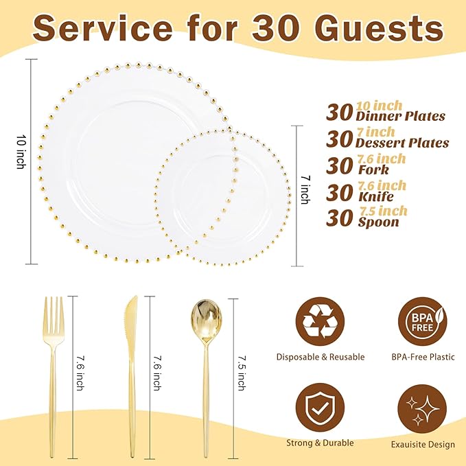 LIYH 150 Pcs Clear and Gold Plastic Plates - Elegant Disposable Gold Plastic Dinnerware set Include Dinner & Dessert Plates for Birthday Party Wedding 30 Guests