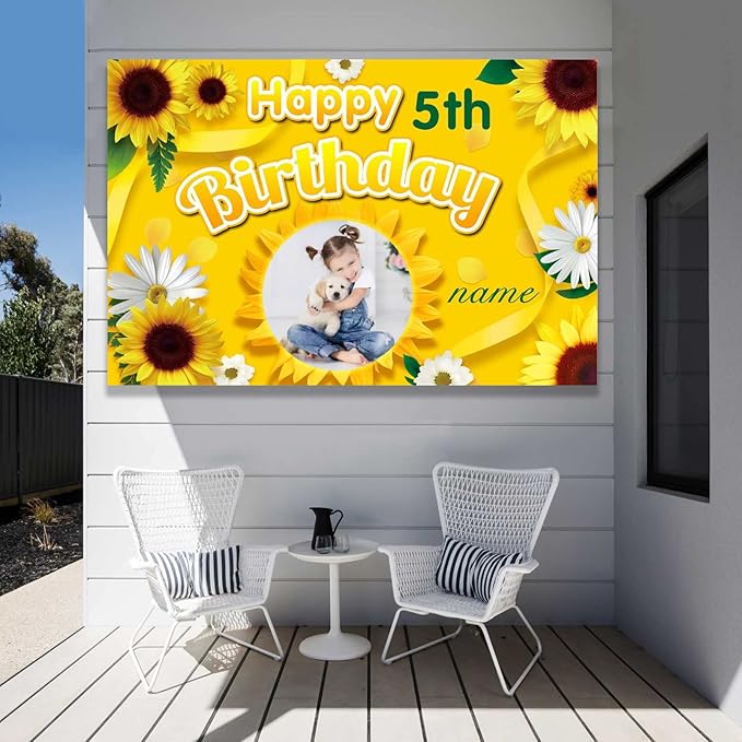 Custom Sunflower Happy Birthday Party Decorations Supplies Personalized Sunflower Birthday Backdrop Banner(5x7.5ft)