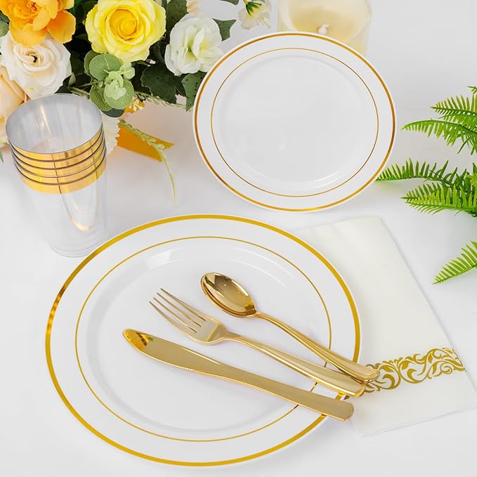 Supernal 102pcs White and Gold Plastic Plates,Disaposable Plates Heavy duty,Fancy Gold Plastic Dinnerware Set included 51 Dinner & Dessert Plates for Valentine's Day Mother's Day and Easter