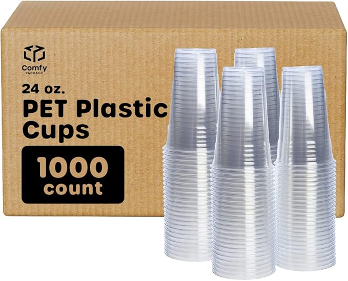 Comfy Package [Case of 1,000 24 oz. Crystal PET Clear Plastic Cups for Party - Ideal for Cold Beverages, Smoothies, and Parties