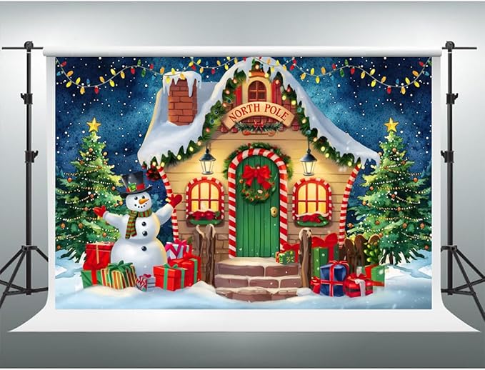 YongFoto Merry Christmas Backdrop 10x8ft North Pole Night Sky Pine Forest House Snowman Xmas Tree Photography Background 2026 New Year Winter Holiday Party Banner Photoshoot Wallpaper Photo Booth