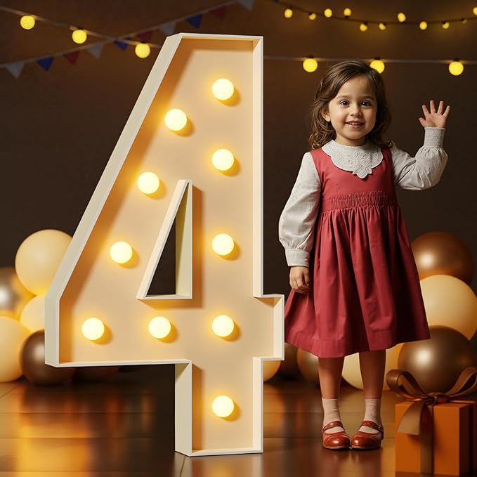 Marquee Numbers 4 Feet Tall Large Light Up Numbers 4th 14th 24th Four Ever Sweet Birthday Decorations Big Yellow Light Outdoor Anniversary Decorations Balloon Arch Kit Party Backdrop 4