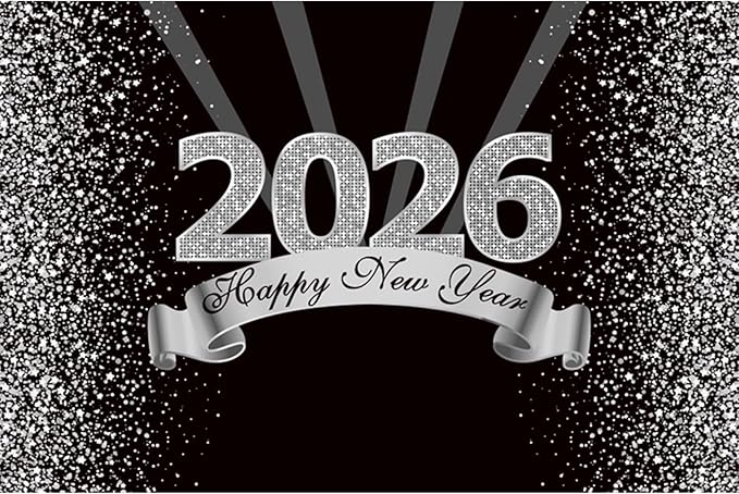 YongFoto 2026 Happy New Year Backdrop 9x6ft Black Silver Photography Background Merry Christmas Night Festival Carnival Celebration Party Banquet Decor Banner Photoshoot Wallpaper Photo Booth