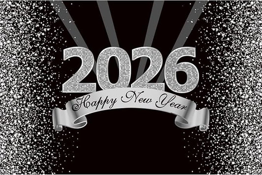 YongFoto 2026 Happy New Year Backdrop 9x6ft Black Silver Photography Background Merry Christmas Night Festival Carnival Celebration Party Banquet Decor Banner Photoshoot Wallpaper Photo Booth