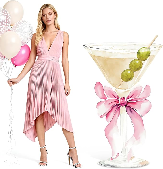 4ft Large Martini Pink Bow Cardboard Cutout A Tini Bit Older Birthday Standup Green Cocktail Glass Backdrop Decorations for Women Bar Coquette Bachelorette Bridal Shower Party Decor