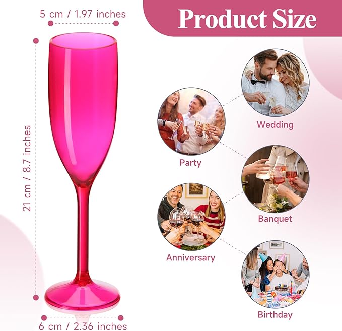 XUWAIDSGN Acrylic Champagne Flutes Toasting Glasses Unbreakable Mimosa Bar Reusable Wine Glasses Vintage Champagne Flutes Stemmed Drinking Cups 5.4 OZ for Christmas Birthday (100, Rose Pink)
