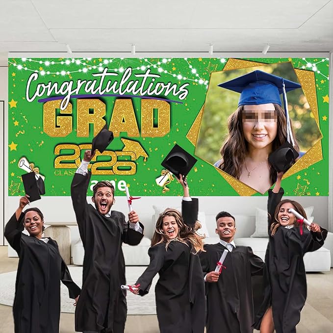 Custom Garaduation Garage Door Banner Cover 16 x 7 ft Class of 2026 Congrats Grad Party Backdrop Personalized Graduation Decoration(Green and Gold)