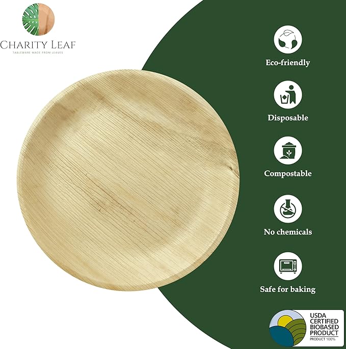 Charity Leaf Disposable Palm Leaf 10" Round Plates (50 pieces) Bamboo Like Serving Platters, Disposable Boards, Eco-Friendly Dinnerware For Weddings, Catering, Events