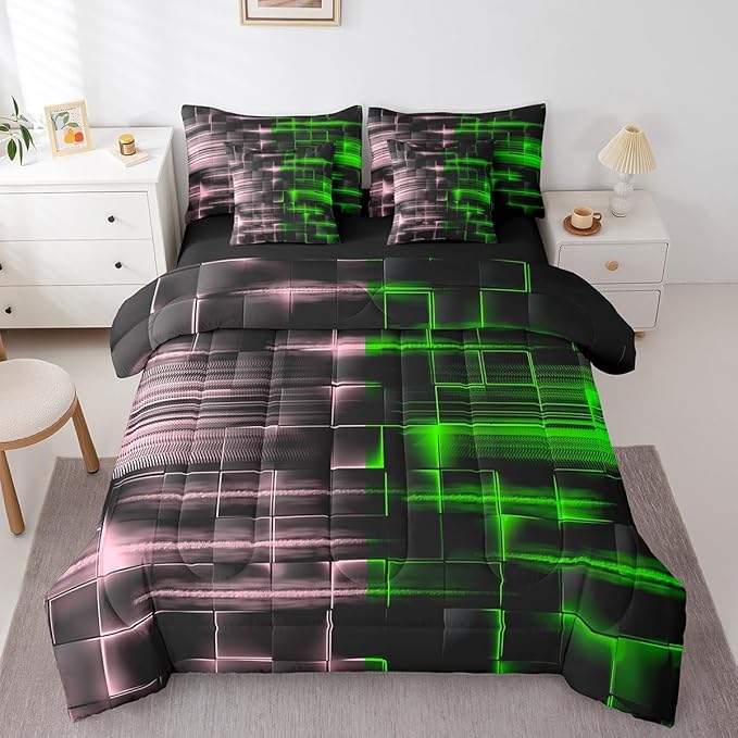 Feelyou Green and Pink Comforter Set with Sheets 7 Piece Full Size Kids Geometric Bed in a Bag Strip Lines Bedding Set Abstract Art Bed Set with Comforter, Sheets,Pillowcases,Cushion Covers