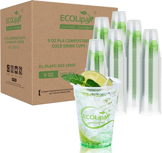 ECOLipak 1000 Count 9 OZ Clear Compostable Plastic Cups, Disposable Plant-Based Biodegradable Drinking Party Cups, PLA Plastic Cold Tumblers for Restaurant, Office, Canteen, Large Gathering