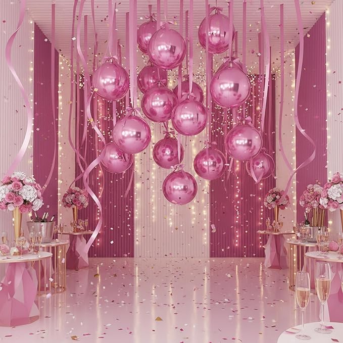 Jenaai 30 Set Valentine's Day Round Foil Balloons Bulk 22 Inch 4d Metallic Giant Balloons Set with Satin Bows Ribbon for Ceiling Holiday Ornaments New Year Birthday Wedding Party Decoration(Pink)