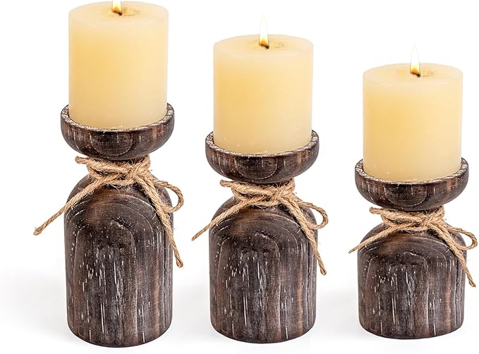 Farmhouse Wooden Candle Holders for Pillar Candles, Brown Distressed Set of 3 Rustic Wood Pillar Wood Candle Stands with Hemp Rope Bow Table Centerpiece Decor for Fireplace, Living, and Dining Room