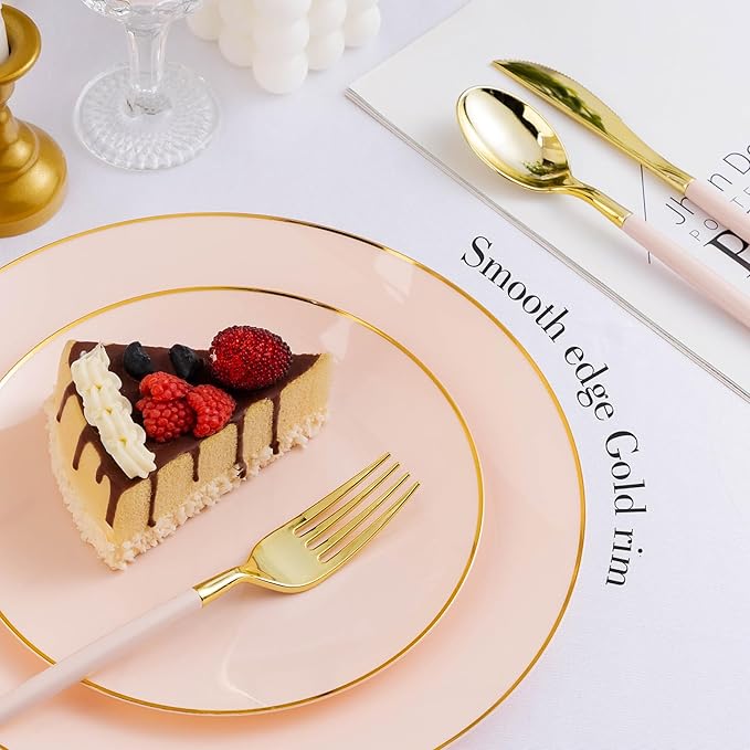 350 Pieces Pink Gold Plastic Dinnerware Set, Gold Disposable Plates for Party, Graduation, Include 100 Pink Plates with 150 Plastic Cutlery, 50 Napkins and 50 Cups