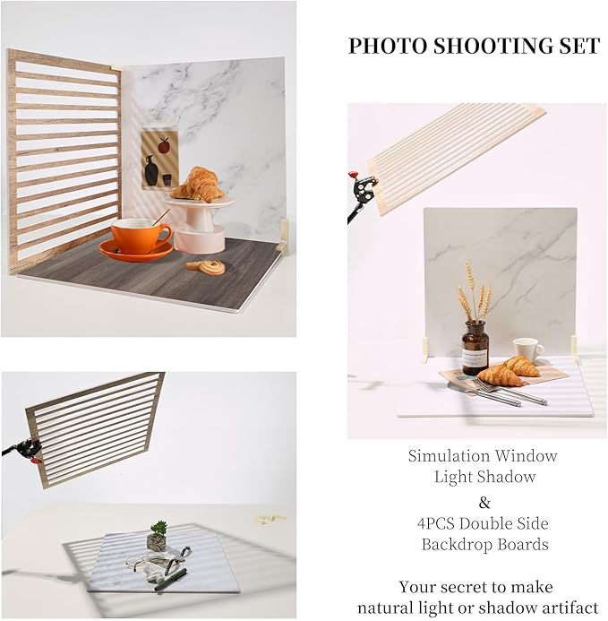 4PCS Double Sided Backdrop Boards, 16x16 inch Waterproof Photo Backdrop with 4PCS Board Brackets, 2PCS Pane Brackets, 1PCS 16x16 inch Window Shadow Pane for Food, Jewelry Photo Shooting