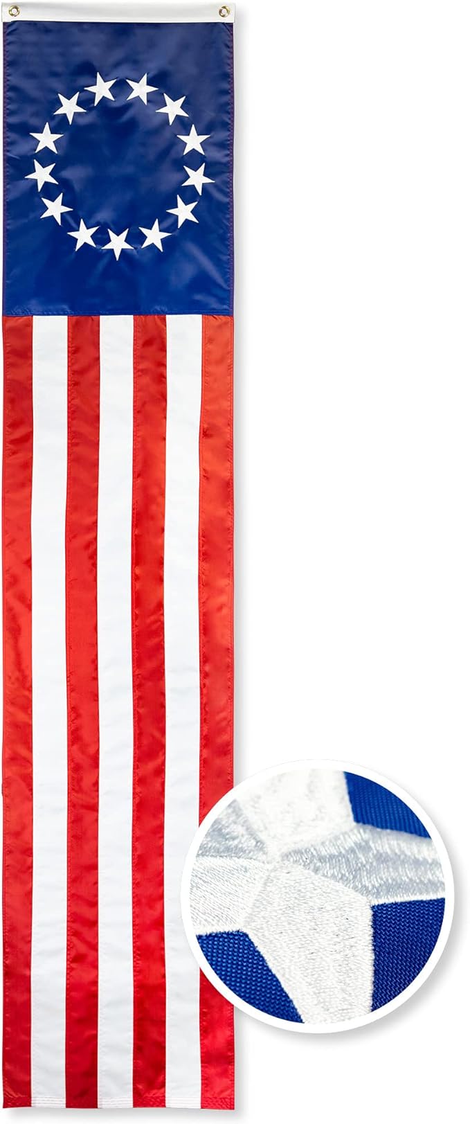 G128 Betsy Ross American Patriotic Bunting & Flag Pulldown, 13 Embroidered Stars in Circle Pattern with 7 Fully Sewn Stripes, Decorative Bunting, 20" x8', 20 Inch Width and 8 Foot Long (1 Piece)