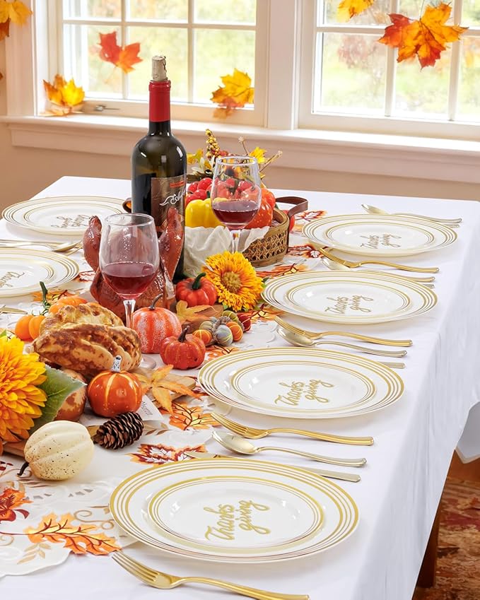 Supernal 60pcsThanksgiving Plastic Plates Disposable Heavy duty,Fancy Disposable Plates,Ivory Plastic Plates with Gold Trim Include 30 Dessert&Dinner Plato for Fall,Party and thanksgiving dinner