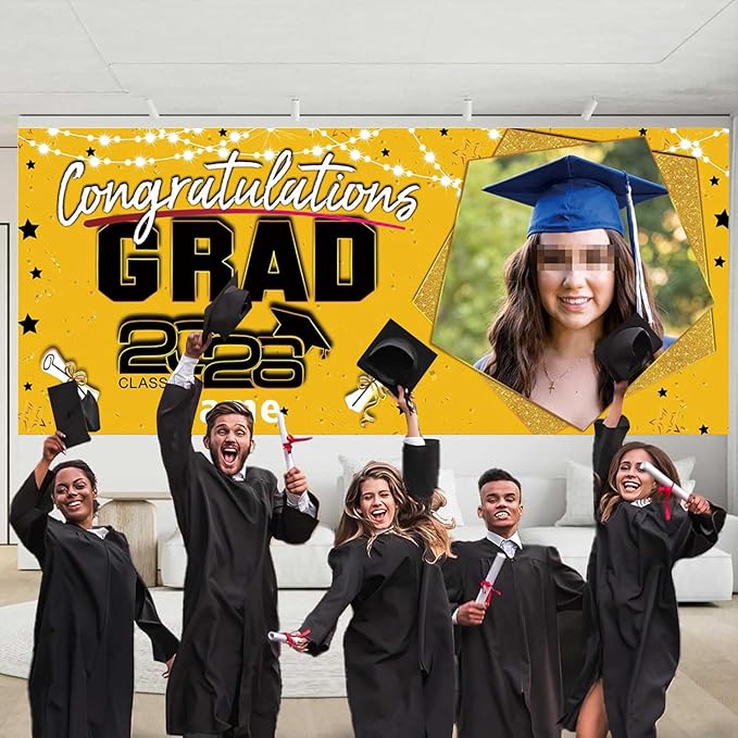Custom Garaduation Garage Door Banner Cover 16 x 7 ft Class of 2026 Congrats Grad Party Backdrop Personalized Graduation Decoration(Yellow and Black)