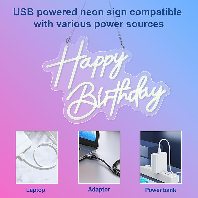 Happy Birthday Neon Sign Art Wall Lights for Beer Bar Club Bedroom Hotel Pub Cafe Wedding Birthday Party Gifts (White)