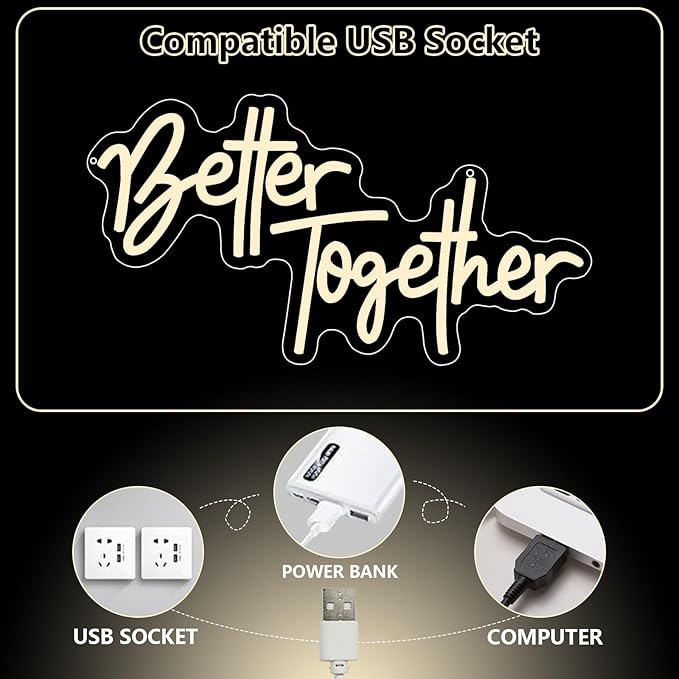 Better Together Neon Sign, Better Together Led Neon Light Signs for Wedding Bridal Shower Wall Decor Wedding Decotations for Backdrop Birthday Anniversary Party Dimmable USB Powered(16.9"*9.1")