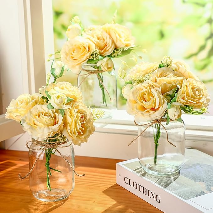XunYee 10 Set Mason Jar Table Centerpiece with Flower Mason Jar Flower Centerpiece Vases Decor for Engagement Party Bridal Shower Centerpieces Wedding Reception Table Decor(Gypsophila Rose)