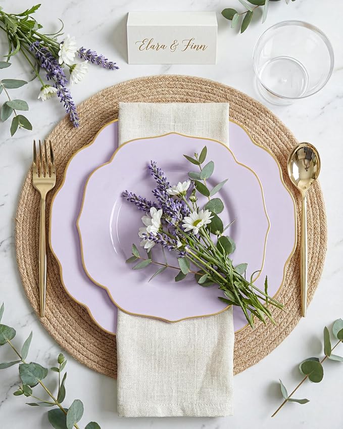 bUCLA 180PCS Purple Plastic Plates - Disposable Purple with Gold Rim, Include 30 Each (Dinner & Salad) Plates, 30 Knives, 30 Forks, 30 Spoons, 30Cups for Party & Birthday