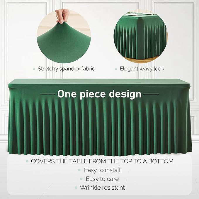 4 Packs Green Table Clothes for 6 Foot Rectangle Tables, Wrinkle Resistant Stretch Spandex Table Covers Fitted Tablecloth with Skirt for Easter Event Banquet Wedding Birthday Party