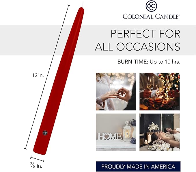 Colonial Candle Unscented Taper Candle, Handipt Collection, Red, 12 In, Pack of 12 - Up to 10 Hours Burn