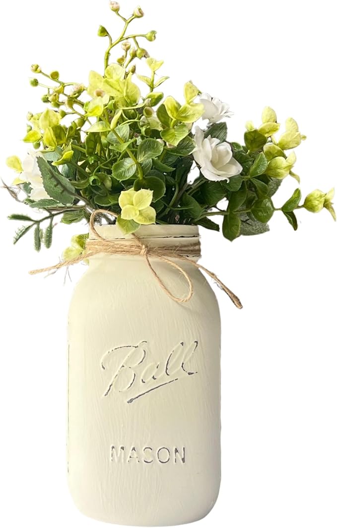 Flower Centerpieces for Tables Bulk - Ivory Mason Jar Centerpieces for Tables, Set of 5-32 oz Hand-Painted Mason Jars - Rustic Bridal Shower Decor for Tables Wedding (5 Ivory w/Greenery/Ivory)