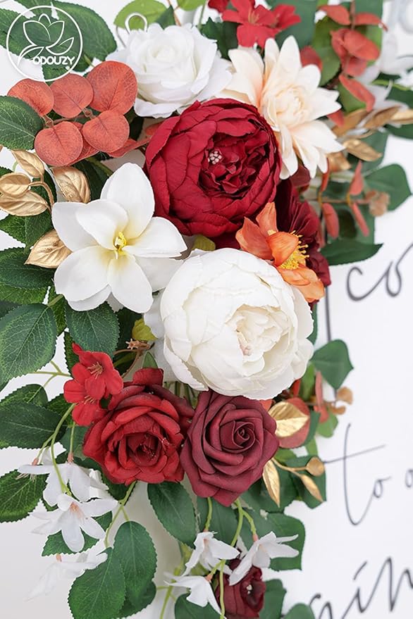 Pack of 2 Wedding Arch, Artificial Flowers, Wedding Decor，Flower Garland Be Suited to Banquet, Party, Reception Entrance Welcome Sign and Background Decoration(White red)