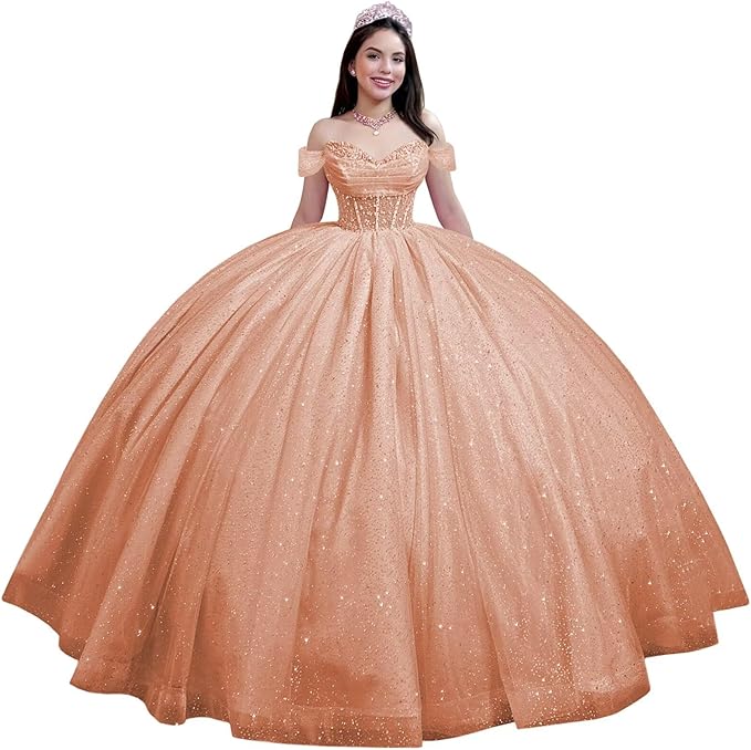 Youjiayi Glitter Tulle Quinceanera Dresses with Train Off Shoulder Beaded Sweet 16 Dresses Pleated Long Ball Gown for Women