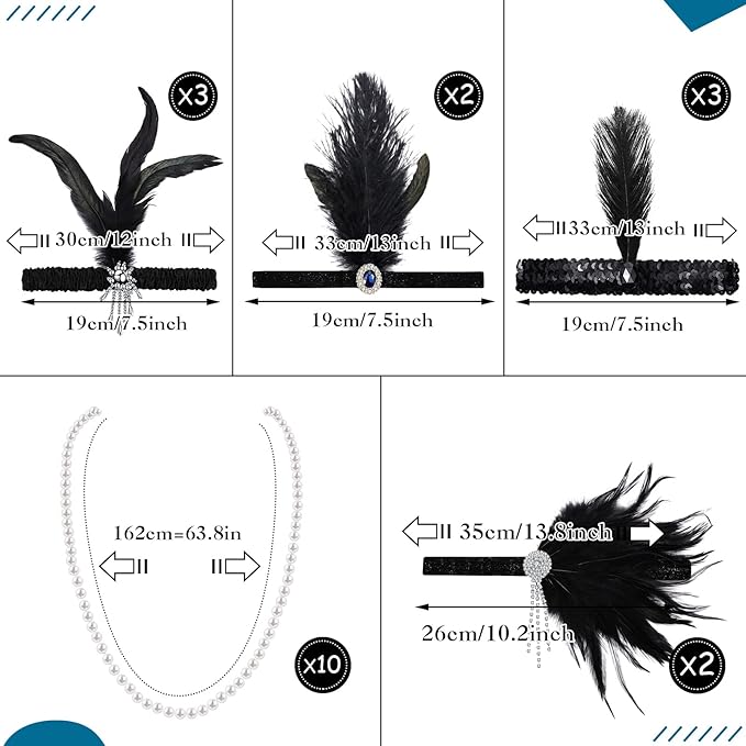 Yingzhao 20 Pcs 1920s Flapper Costume Headband Black Feather Headpiece 1920s Theme Party Accessories for Women